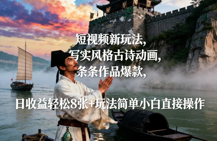 短视频新玩法，写实风格古诗动画，条条作品爆款，日收益轻松8张+玩法简单小白直接操作| 副业网