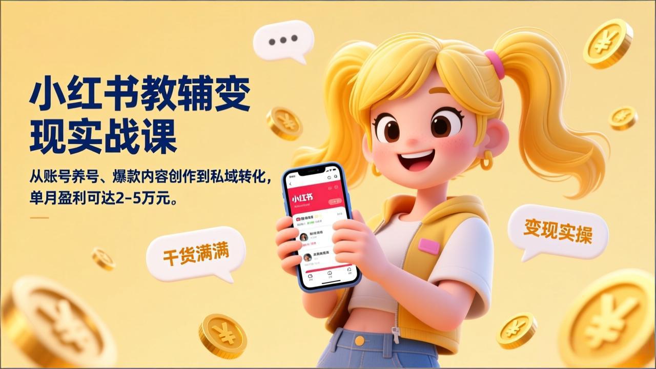小红书教辅变现实战课，从账号养号、爆款内容创作到私域转化，单月盈利可达2-5万元| 副业网