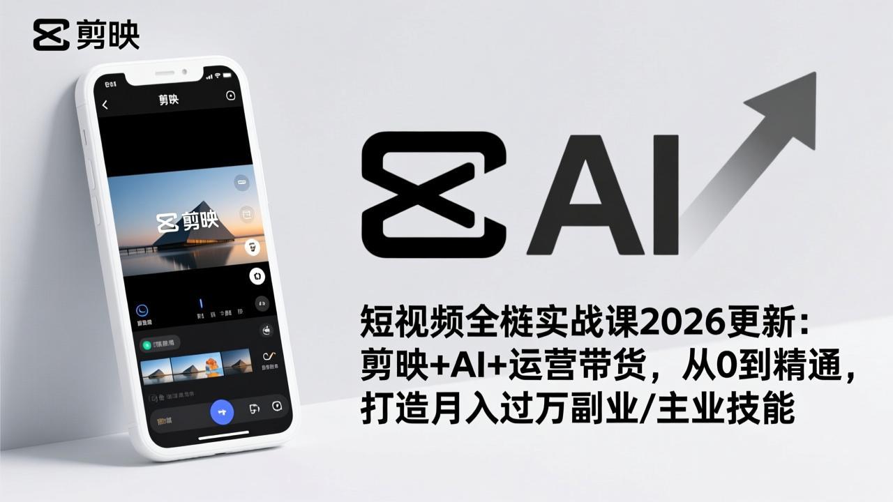短视频全栈实战课2026更新：剪映+AI+运营带货，从0到精通，打造月入过万副业/主业技能| 副业网