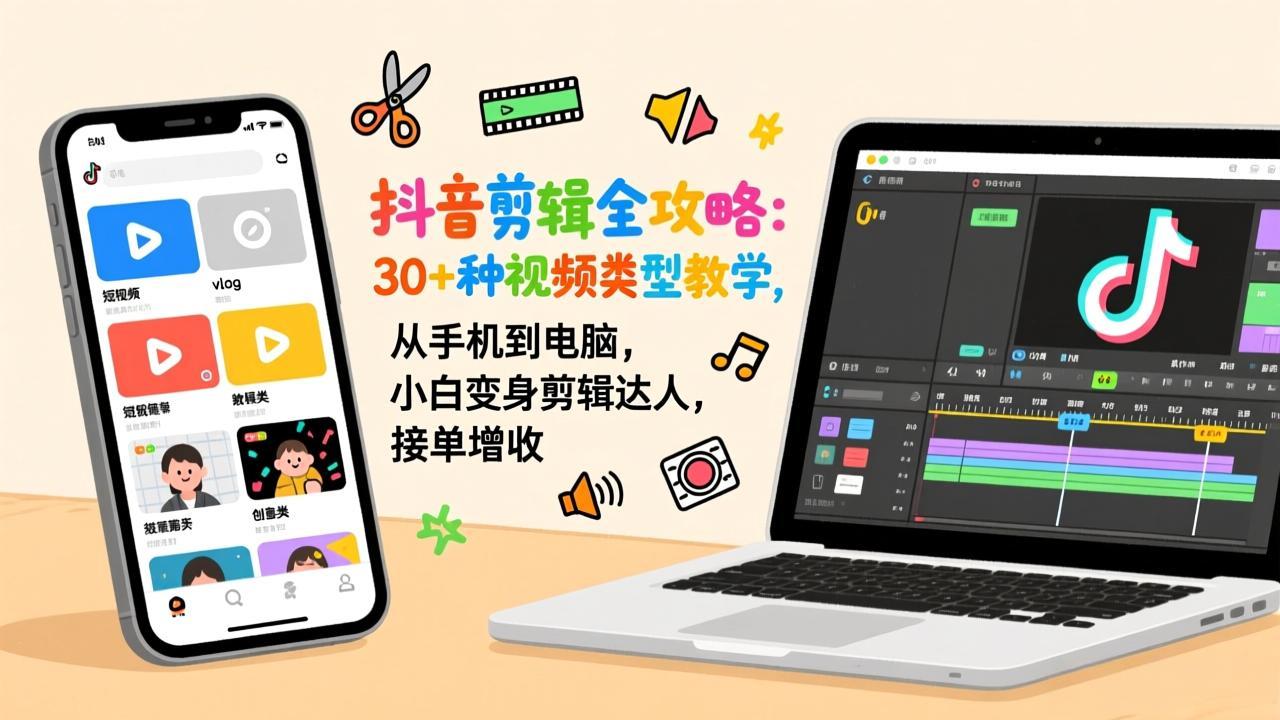 抖音剪辑全攻略：30+种视频类型教学，从手机到电脑，小白变身剪辑达人，接单增收| 副业网