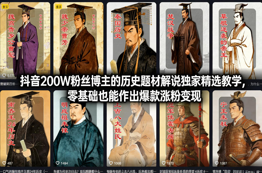 抖音200W粉丝博主的历史题材解说独家精选教学，零基础也能作出爆款涨粉变现| 副业网