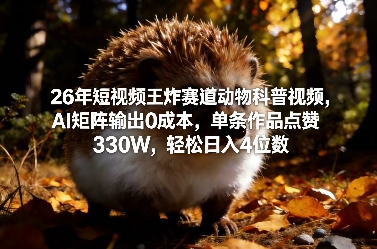 26年短视频王炸赛道动物科普视频，AI矩阵输出0成本，单条作品点赞330W，轻松日入4位数| 副业网