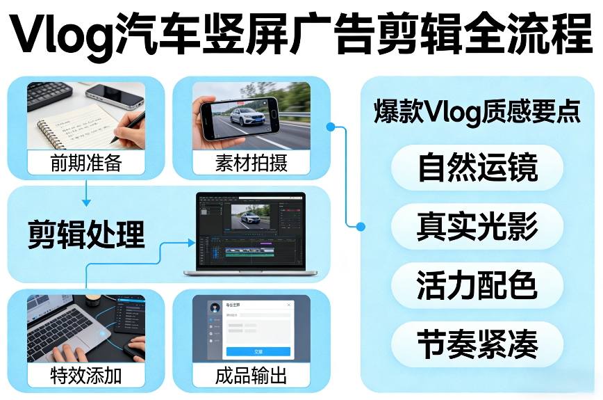 Vlog感觉汽车竖屏广告剪辑脚本全流程，拿捏爆款Vlog质感| 副业网