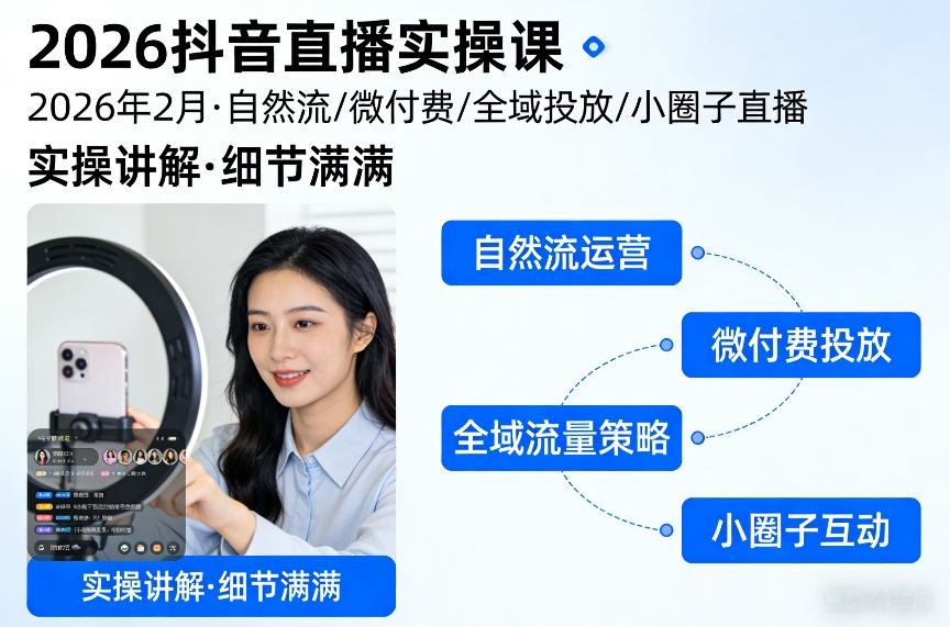 2026抖音直播实操课2026年2月，自然流、微付费、全域投放、小圈子直播，实操讲解，细节满满| 副业网