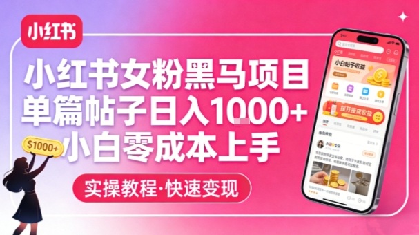 小红书女粉黑马项目，单篇帖子日入1k+，小白零成本上手| 副业网