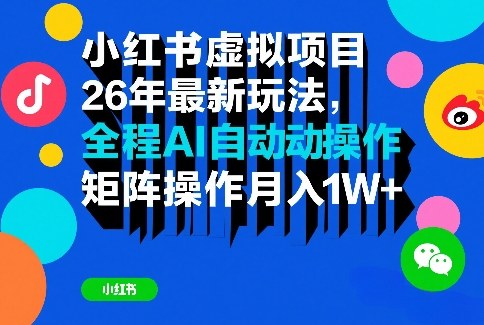 小红书虚拟项目26年最新玩法，全程AI自动操作，矩阵操作月入1W＋【揭秘】| 副业网