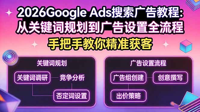 2026Google Ads搜索广告教程：从关键词规划到广告设置全流程，手把手教你精准获客| 副业网