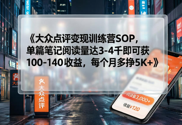 大众点评变现训练营SOP，单篇笔记阅读量达3-4千即可获100-140收益，每个月多挣5K+| 副业网