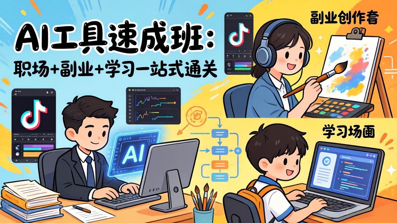 AI工具速成班：职场+副业+学习一站式通关，20+爆款类型+剪映技巧+抖音算法，0基础快速上手| 副业网