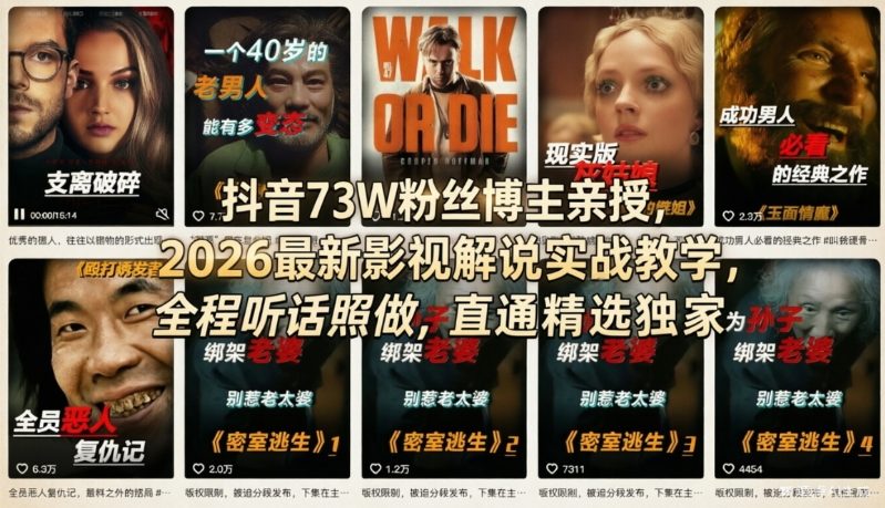 抖音73W粉丝博主亲授，2026最新影视解说实战教学，全程听话照做，直通精选独家| 副业网