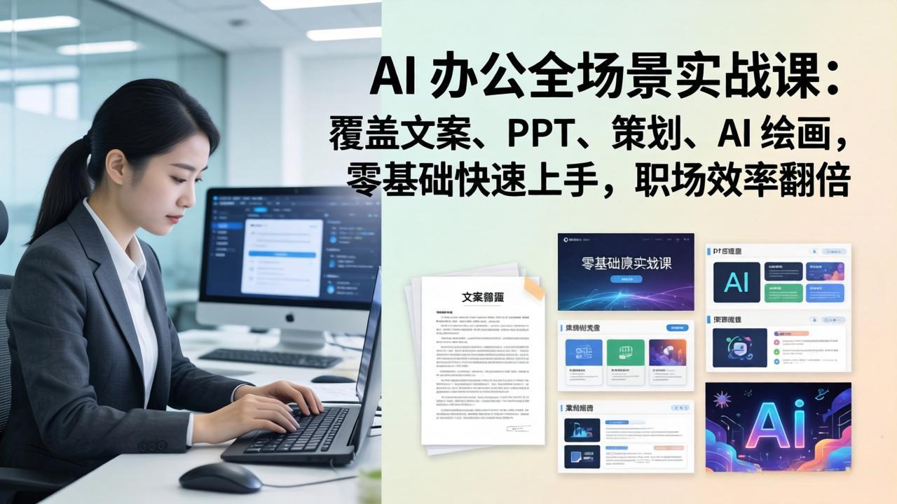 AI 办公全场景实战课：覆盖文案、PPT、策划、AI 绘画，零基础快速上手，职场效率翻倍| 副业网