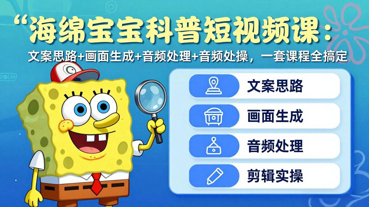 海绵宝宝科普短视频课：文案思路+画面生成+音频处理+剪辑实操，一套课程全搞定| 副业网