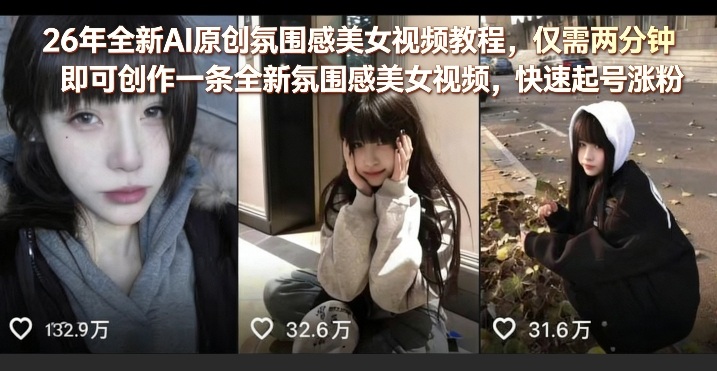 26年全新AI原创氛围感美女视频教程，仅需两分钟即可创作一条全新氛围感美女视频，快速起号涨粉| 副业网