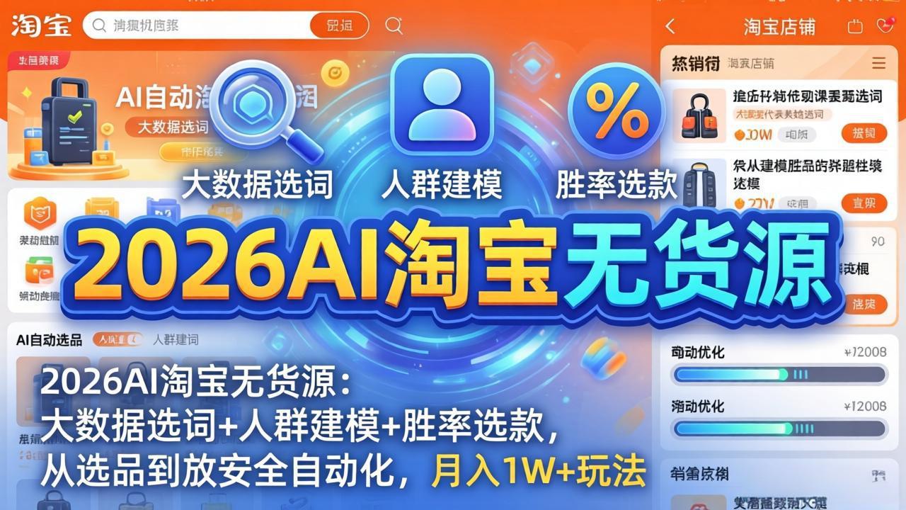 2026AI淘宝无货源：大数据选词+人群建模+胜率选款，从选品到放大全自动化，月入1W+玩法| 副业网