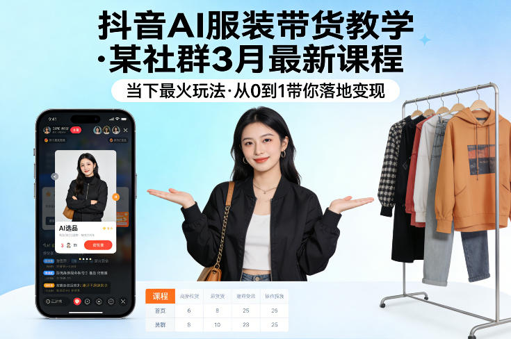 抖音AI服装带货教学，某社群3月最新课程，当下最火玩法，从0到1带你落地变现| 副业网