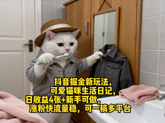 抖音掘金新玩法，可爱猫咪生活日记，日收益4张+新手可做，涨粉快流量稳，可一稿多平台| 副业网
