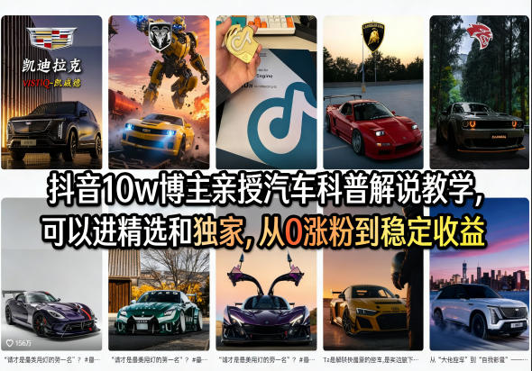 抖音10w博主亲授汽车科普解说教学，可以进精选和独家，从0涨粉到稳定收益(详细视频课程+1T素材)| 副业网