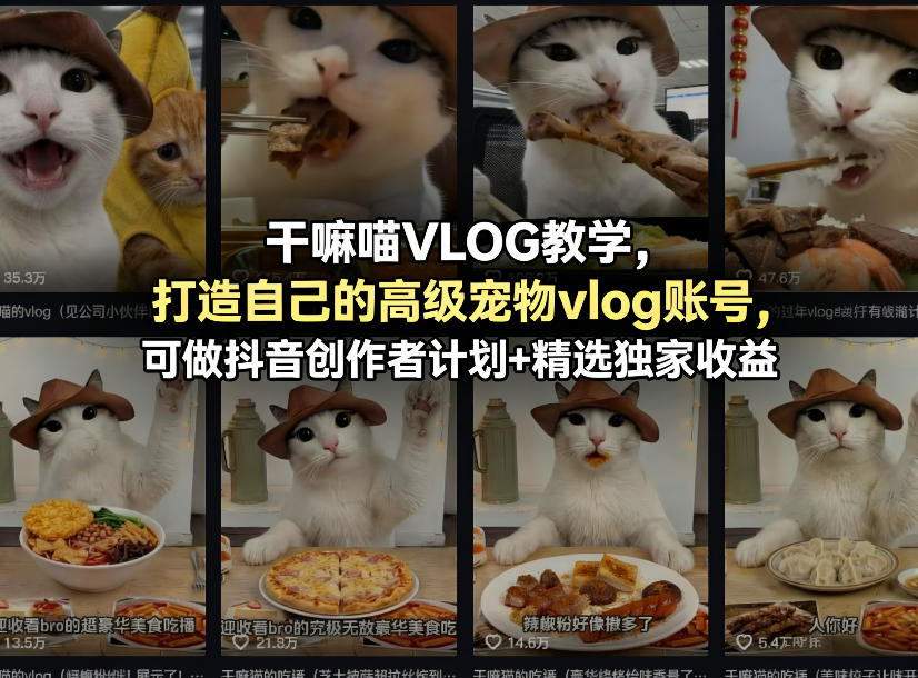 干嘛喵VLOG教学，打造自己的高级宠物vlog账号，可做抖音创作者计划+精选独家收益| 副业网