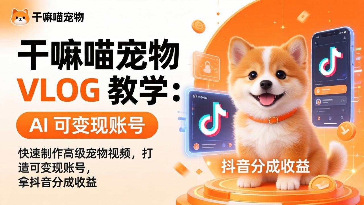 干嘛喵宠物 VLOG 教学：AI 快速制作高级宠物视频，打造可变现账号，拿抖音分成收益| 副业网