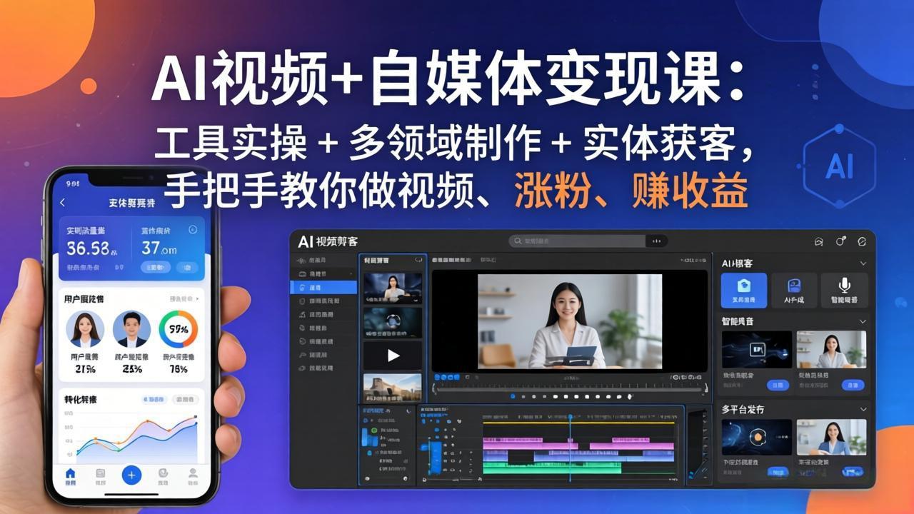 AI视频+自媒体变现课：工具实操 + 多领域制作 + 实体获客，手把手教你做视频、涨粉、赚收益| 副业网