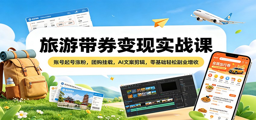 旅游带券变现实战课：账号起号涨粉，团购挂载，AI文案剪辑，零基础轻松副业增收| 网创圈