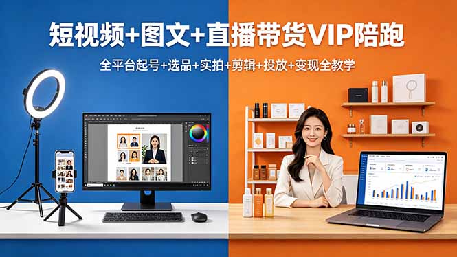 短视频+图文+直播带货VIP陪跑，全平台起号+选品+实拍+剪辑+投放+变现全教学| 网创圈