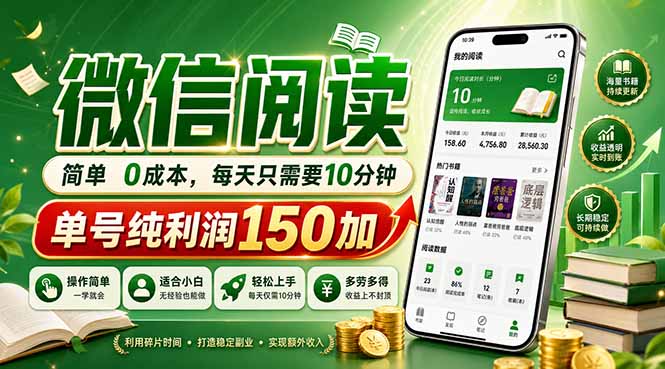 最新微信阅读，每日10分钟，单号利润150+，可批量放大操作，简单0成本| 网创圈