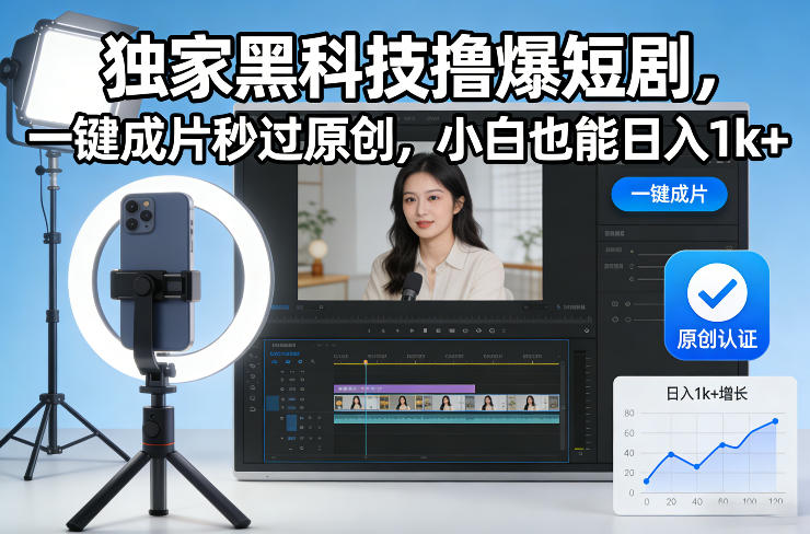 独家黑科技撸爆短剧，一键成片秒过原创，小白也能日入1k+【揭秘】| 副业网