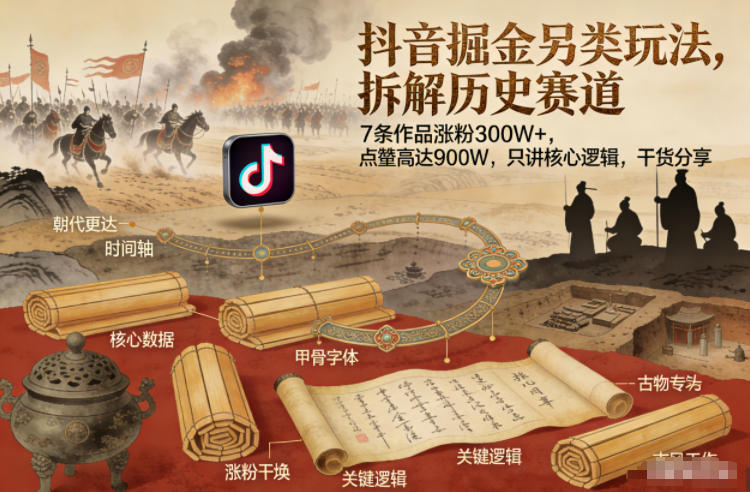 抖音掘金另类玩法，拆解历史赛道，7条作品涨粉300W+，点赞量高达900W，只讲核心逻辑，干货分享| 副业网