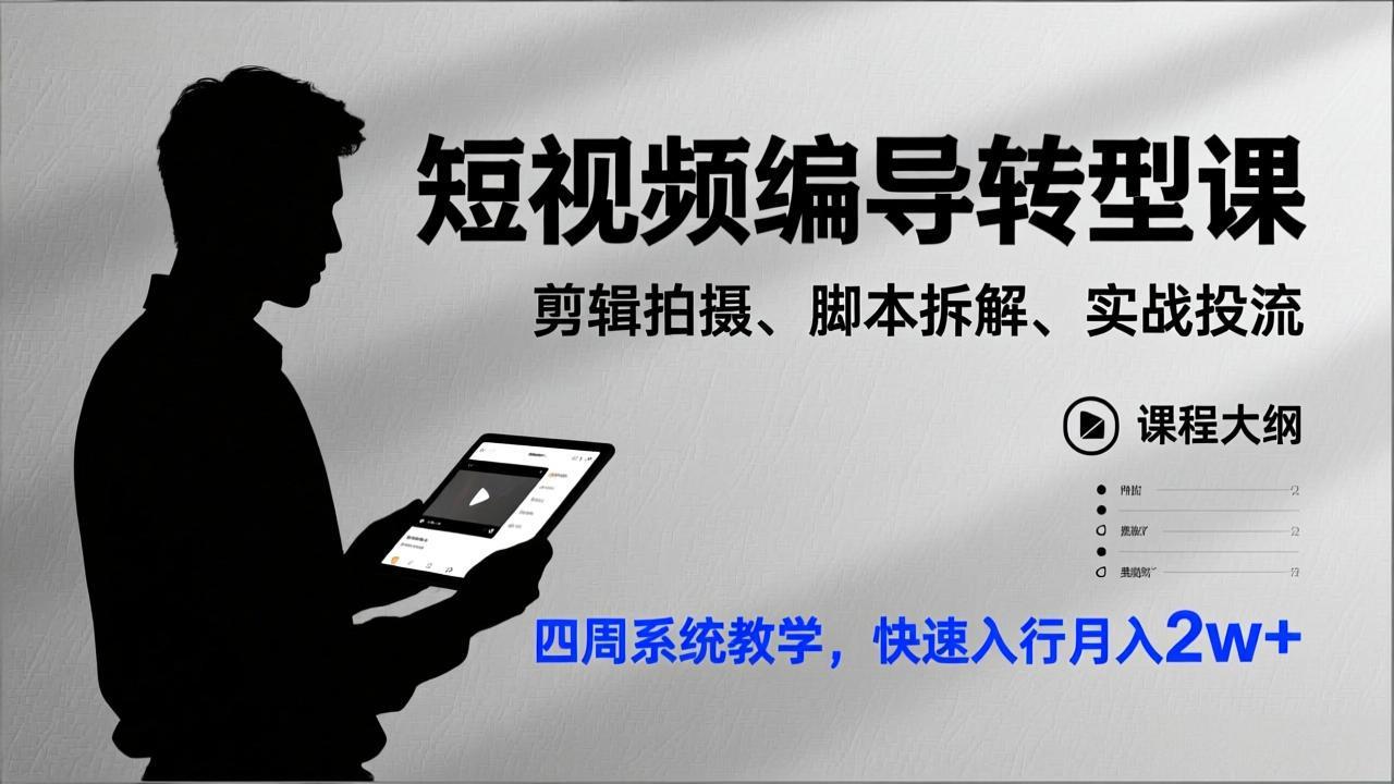短视频编导转型课，剪辑拍摄、脚本拆解、实战投流，四周系统教学，快速入行月入2w+| 副业网